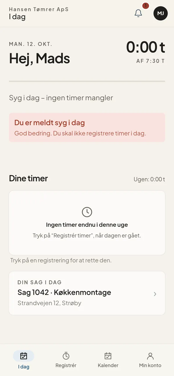 Meld syg i dag i medarbejder-appen