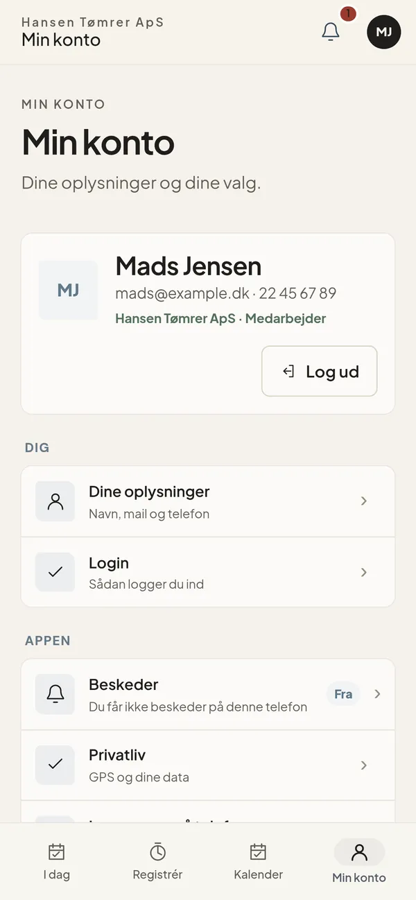 Min konto med indstilling for beskeder